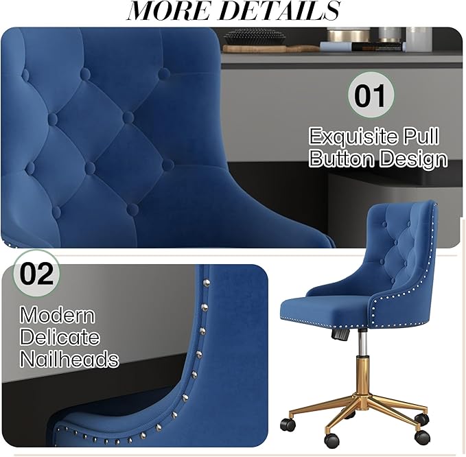 Velvet Armless Home Office Desk Chair, Swivel Height-Adjustable Small Cute Vanity Chair for Women/Girls, Comfy Makeup Chair with Rivet and Gold Base for Living Room, Bedroom(Blue)