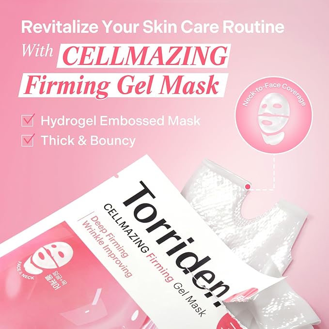 Torriden CELLMAZING Collagen Firming Gel Sheet Mask for Face & Neck (4 Pack) | Smoother, Firmer-Looking Skin with 5D Collagen Complex | Korean Skincare Mask