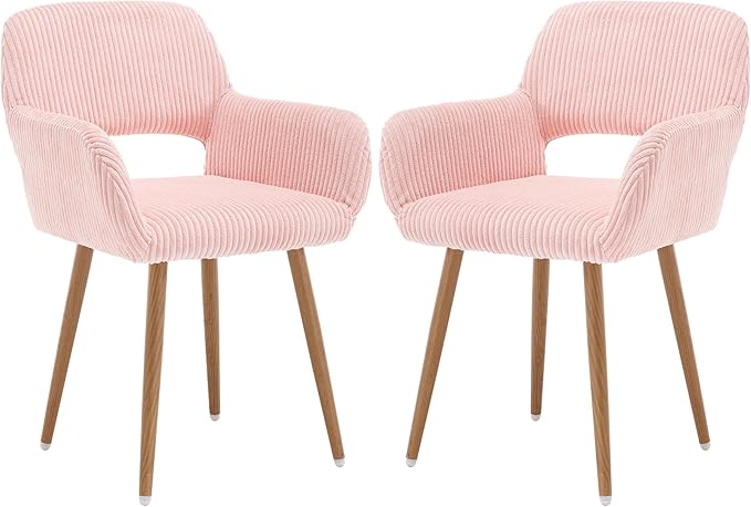 KCC Small Modern Dining Room Arm Chairs Set of 2, Mid-Century Upholstered Corduroy Fabric Side Seat Club Guest with Metal Tube Legs for Kitchen, Living Room, Pink