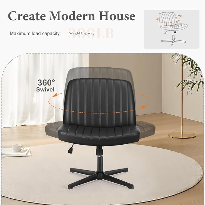 Sweetcrispy Criss Cross Chair Legged, Armless Office Wide Desk Chair No Wheels, PU Leather Swivel Vanity Height Adjustable Fabric Modern Computer Task Seating for Home - Black