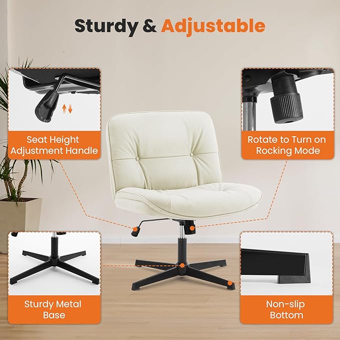 Sweetcrispy Armless-Office Desk Chair Without Wheels, Cross Legged Wide Chair, PU Leather Comfortable Adjustable Swivel Computer Task Chairs for Home,Office,Make Up,Small Space,Bed Room Light Beige