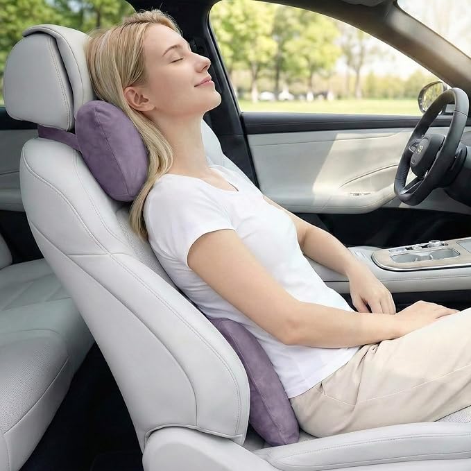 2PCS Car Pillow for Car Neck Pillow for Driving Seat Leather Neck Support Soft Cushion Back Support Head-Rests for Vehicle Sleeping with Elastic Adjustment Strap (Violet, Head and Lumbar)