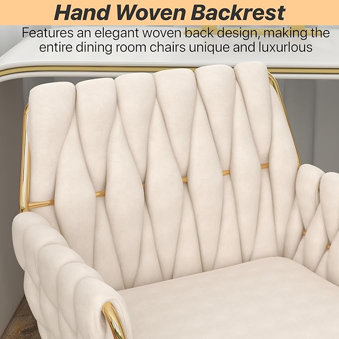 Velvet Home Office Chair, Modern Height-Adjustable Vanity Chair with Golden Base and Hand-Woven Backrest for Bedroom/Study/Vanity (Beige)