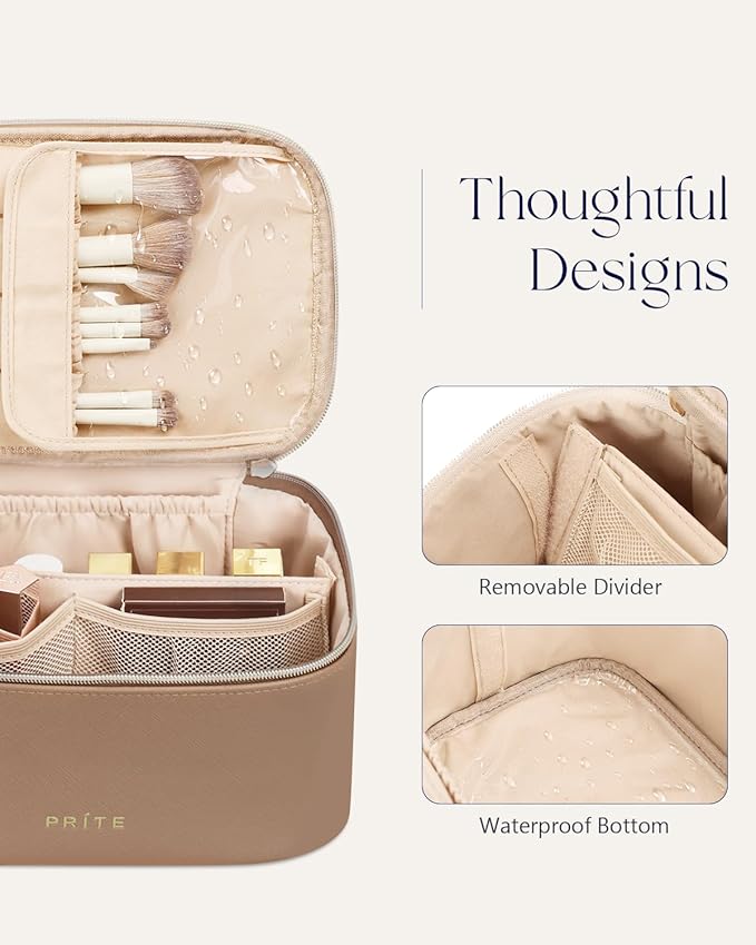Prite Makeup Bag, Large Capacity Portable Travel Cosmetic Bag, Waterproof Makeup Organizer for Women with Handle and Divider (001 Brown)