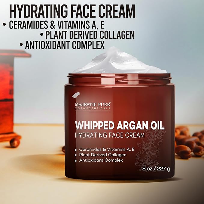Majestic Pure Whipped Argan Oil Moisturizer Face Cream for Women & Men - With Vitamin E A, Collagen & Ceramides - Hydrates Dry Skin, Oily Skin, Reduces Appearance of Fine Lines – 8oz (Pack of 2)