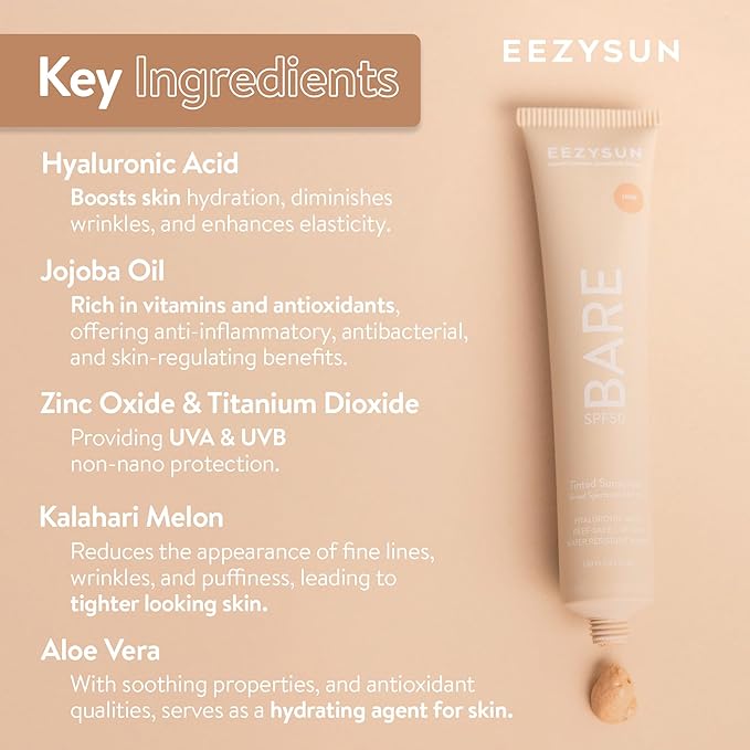 BARE Tinted Sunscreen for Face SPF 50 - Non-Greasy, Weightless, Water-Resistant, Vegan & Reef-Safe Tinted Moisturizer with SPF, Hyaluronic Acid, Jojoba Oil - All Skin Types, 1.69 fl oz - Light