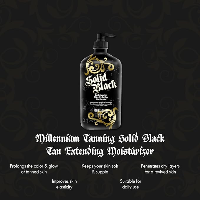 Millennium Tanning Solid Black Tan Extender Moisturizer Body Lotion Tattoo Enhancer with Argan Oils and Aloe Vera 18.25 Fl. Oz.
