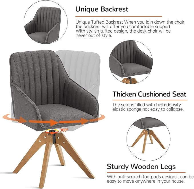 Furniliving Mid Century Modern Accent Chair Set of 2, 36.8 Inch Upholstered Swivel Chair for Living Room with Arms Home Office Desk Chair for Bedroom Wood Legs Computer Task Chair No Wheels, Darkgrey