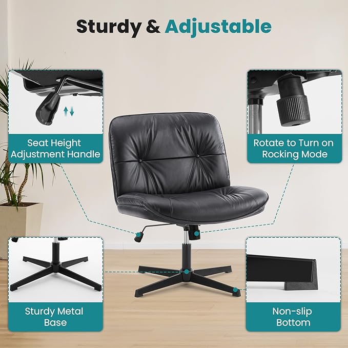 OLIXIS Criss Cross Chair Without Wheels, Cross Legged Office Chair, Armless Wide Vanity Desk Chair with Comfy PU Leather& Back - Swivel for Home Office Bedroom, Black