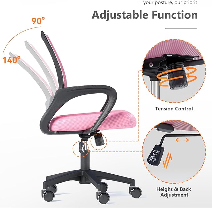 Home Office Chair, Ergonomic Mid-Back Mesh Desk Chair with Lumbar Support, Adjustable Swivel Rolling Design, Comfy Armrest for Work, Study, Gaming, Vanity, Pink