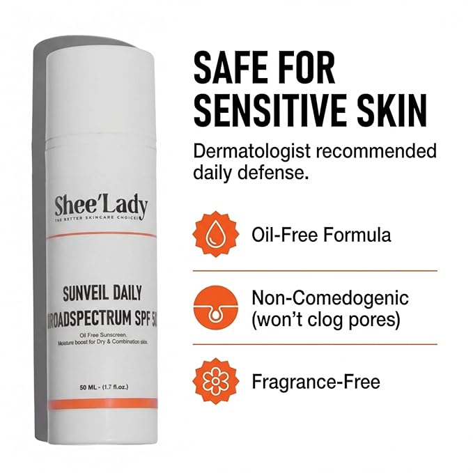 Shee'lady Sunveil Daily Broadspectrum UV Clear Face Sunscreen SPF 50, Oil Free Sunscreen with Zinc Oxide, Dermatologist Recommended