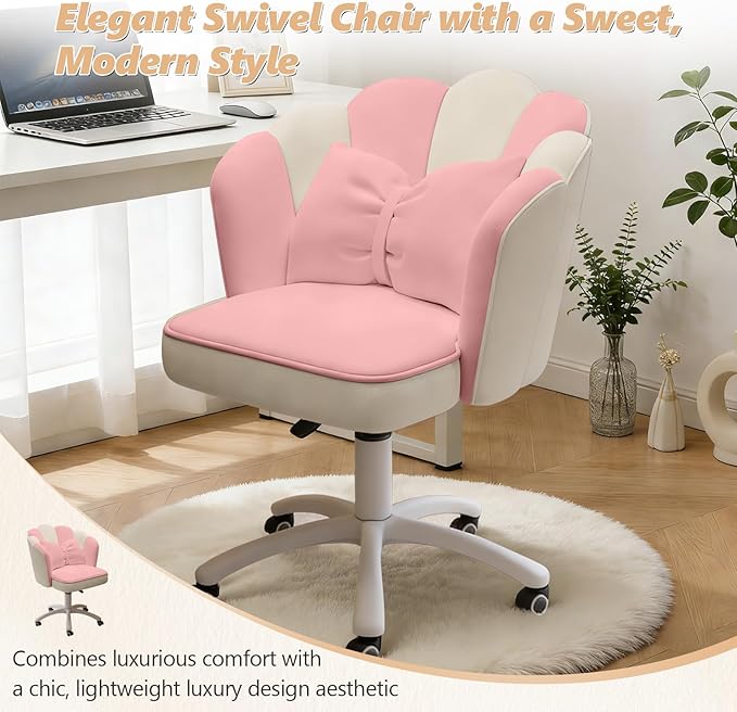 Home Office Desk Chair Swivel Rolling Vanity Chair with Silent Wheels and Comfortable Back, Adjustable Height Upholstered Computer Task Chair for Makeup, Bedroom