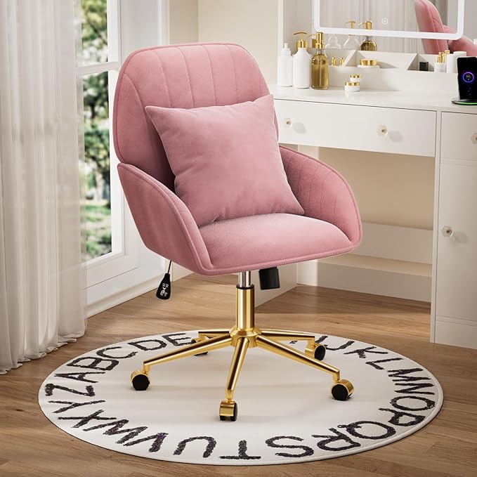 Home Office Desk Chair Comfy with Adjustable Swivel Wheels, Modern Velvet Makeup Vanity Chair with Back & Pillow, Ergonomic Office Chair Computer Task Chair for Living Room, Bedroom, Rose Pink