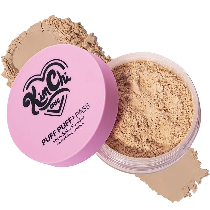 KimChiChic Beauty Puff Puff Pass Set and Bake Setting Powder for Makeup, Extra Fluffy Loose Face Powder Poof, Soft Natural Face Makeup for Uneven Skin Tone, 04 Peachy