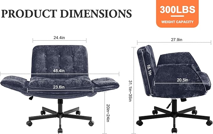 Criss Cross Chair with Wheels & Arms, Chenille Cross Legged Office Chair with 5-level Folding Armrest, Comfortable Adjustable Swivel Vanity Chair for Home, Make Up, Bed Room, Office, Accent (Blue)