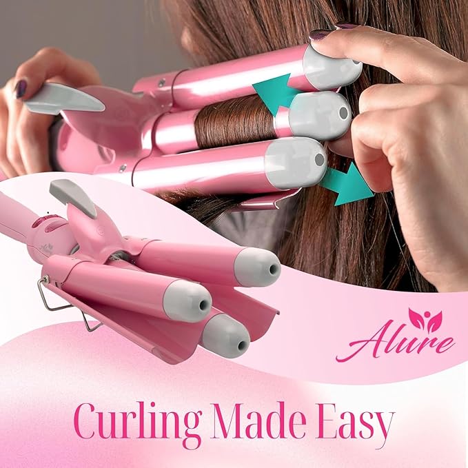 Alure Three Barrel Curling Iron Wand with LCD Temperature Display - 1 Inch Ceramic Tourmaline Triple Barrels, Dual Voltage Crimping Tool, Best Hair Waver for Beachy/Frizz Free Waves (White/Pink)