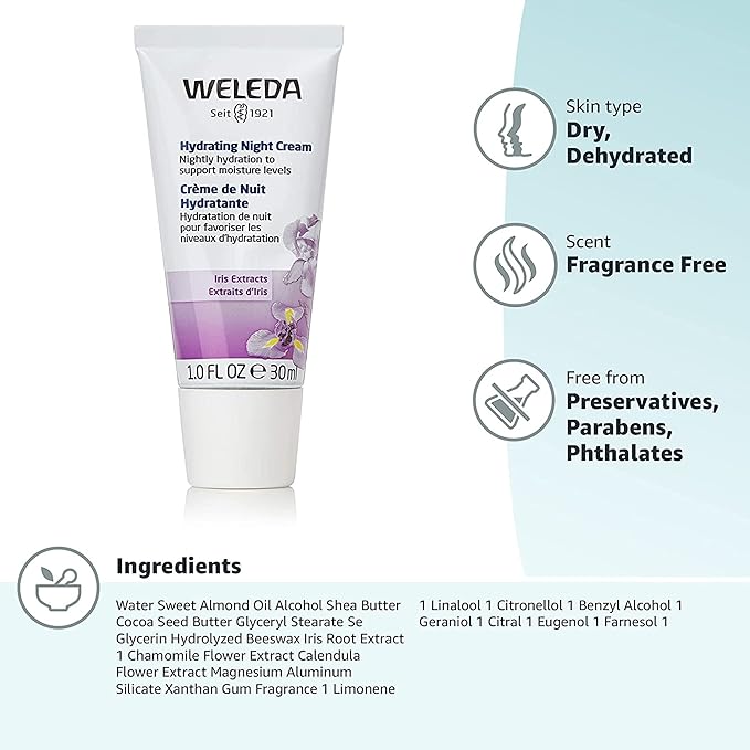 Weleda Hydrating Night Face Cream, 1 Fluid Ounce, Plant Rich Moisturizer with Iris Root, Calendula and Chamomile