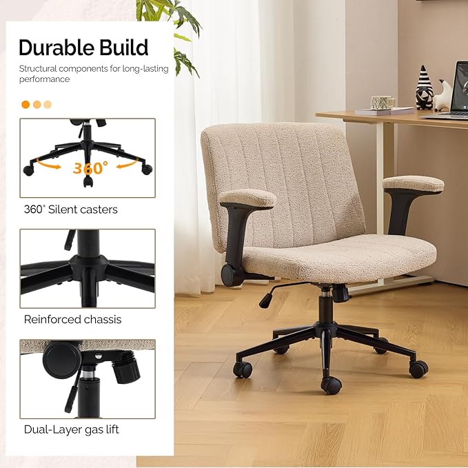 VINGLI Criss Cross Chair with Adjustable Flip-Up Arms,Cross Legged Chair with Wheels,Extra Wide Office Chair,Desk Chair for Home Office,Vanity,Bedroom, Apartment,Starry Chenille,Khaki