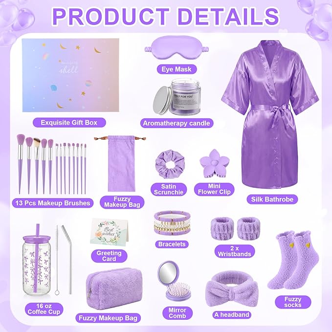 15 Pcs Birthday Gifts for Women Robe Sets for Women Spa Basket Set Graduation Gifts Bath Robe Make up Brushes Scented Candle Fluffy Socks Coffee Cup for Mom Nurse Girlfriend Wife(Purple)