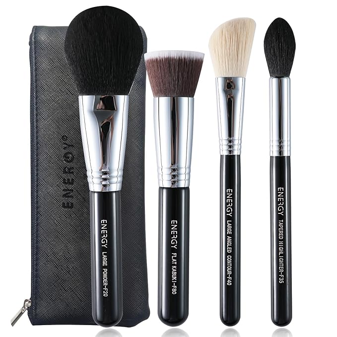 ENERGY Makeup Brush Set 4PCS Premium Synthetic Powder Foundation Blush Contour Bronzer Highlighter Makeup Brushes with Black PU Bag Professional Vegan Face Brushes
