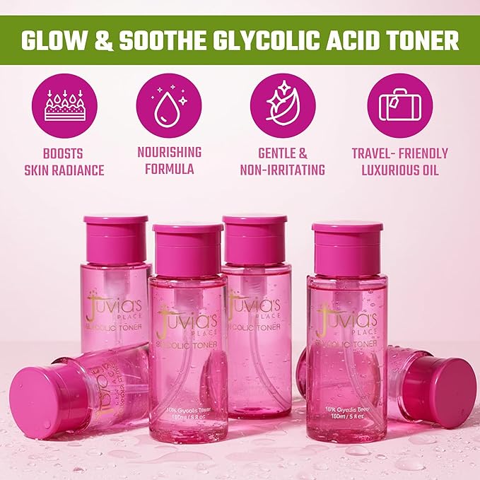 Juvia's Place The 10% Glycolic Acid Toner, 5 fl oz, Aloe Vera, Chamomile, Allanton, Skin Conditioner, Gentle, Non-Irritant, Exfoliates, Glowing, Luminous Skin Appearance, Moisturizer