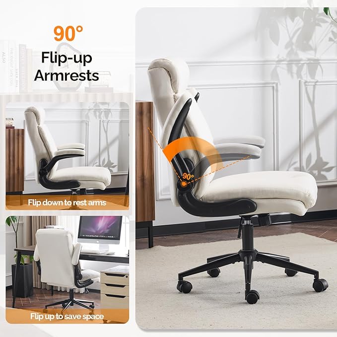 VINGLI Rolling Ergonomic Office Desk Chair with Padded Flip-up Arms, 360° Swivel High Back Executive Computer Task Chair with Wheels for Game，Home Small Space, Study Room, Reading Room, Linen White