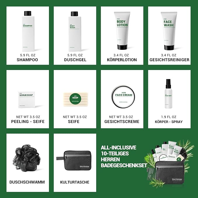 Gift Baskets for Men, 10 Pcs Herbal Mens Spa Set, Bath and Body Fathers Day Gift Baskets Includes Shower Gel, Face Wash, Face Cream & More, Fathers Day Gifts for Husband Dad, Birthday Gifts for Men