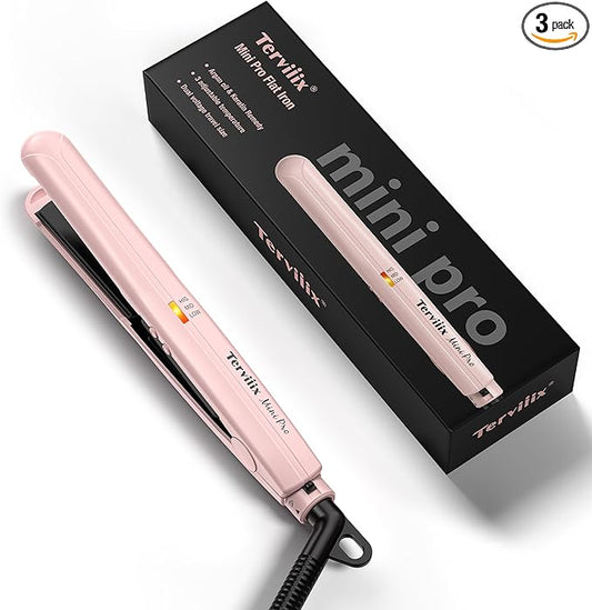 Terviiix Mini Flat Iron Hair Straightener, Adjustable Temperature, Travel-Size, 1/2" Ceramic Plates, Dual Voltage, Auto-Off, Pink