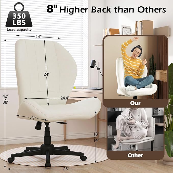 Criss Cross Chair with Wheels, Wide Cross Legged Office Chair Armless Comfy Desk Chair with Tall Back Vanity Chairs with Stress Relief Curved Design Seat for Bedroom & Office & Home Ivory White