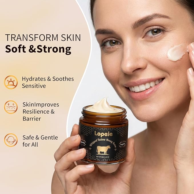 Upgraded Organic Beef Tallow for Skin & Face – Whipped Grass-Fed Tallow and Honey Balm for Dry, Sensitive Skin, Natural Hydrating Face Moisturizer with Raw Honey (Lavender)