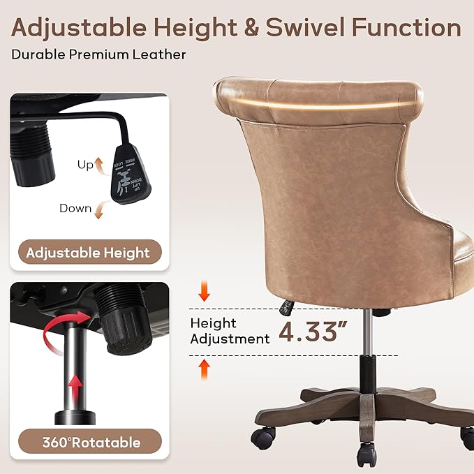 HUIMO Home Office Chair Upholstered Armless Desk Chair with Wheels Adjustable Height Computer Desk Chair with Wooden Legs Comfortable Swivel Chair for Home Office Study Studio (Light Brown)