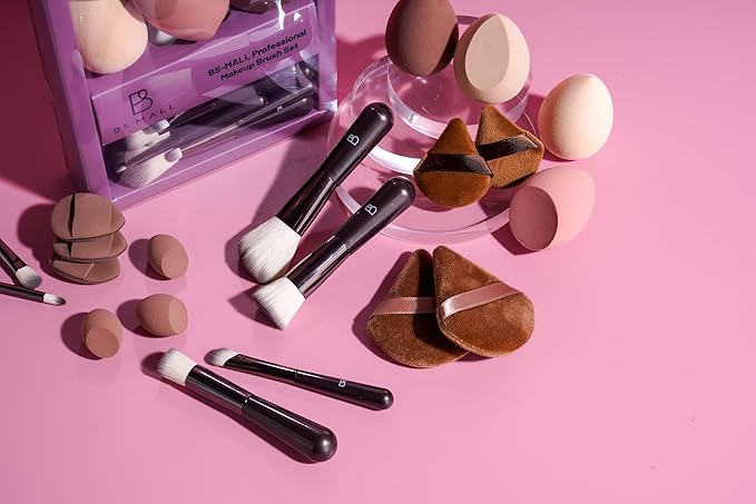 BS-MALL 12 Pcs Professional Travel Makeup Brush Set With Makeup Sponges - Includes Foundation Brush, Powder Puff, Finger Sponges & Triangle Puffs For Soft Daily Use