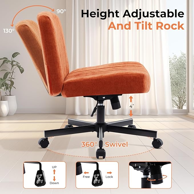 Convertible Base Criss Cross Chair with Pocket Springs & Thicker and Wider Cushions, Armless Legged Office Chair Relieves Back Pain, Swivel Vanity Chair for Living Room/Office, Orange