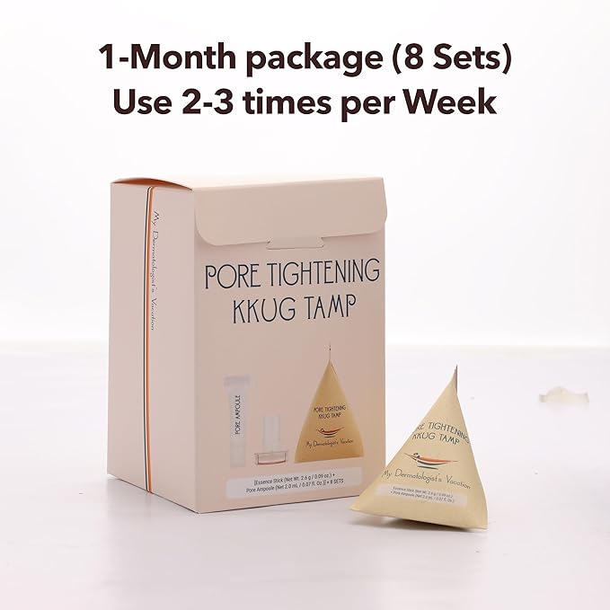 My Dermatologist's Vacation, PORE TIGHTENING KKUG TAMP – Double-Acting Beauty Device with Micropoint ESSENCE STICK & AMPOULE, Korean Skincare Facial Serum Kit, 8 Single-Use Sets (2 Pieces Per Use)