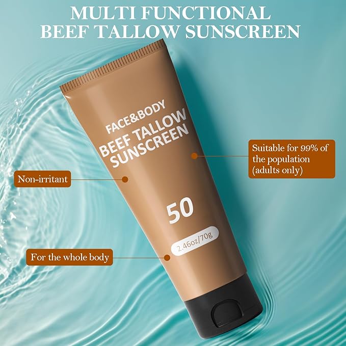 Beef Tallow Sunscreen, Sunscreen for Face, Natural Reef Safe Sunblock for Face Body, Non Greasy Clean Travel Sun Screen Sunblock for Sunmmer Outdoor Travel, 2 Packs