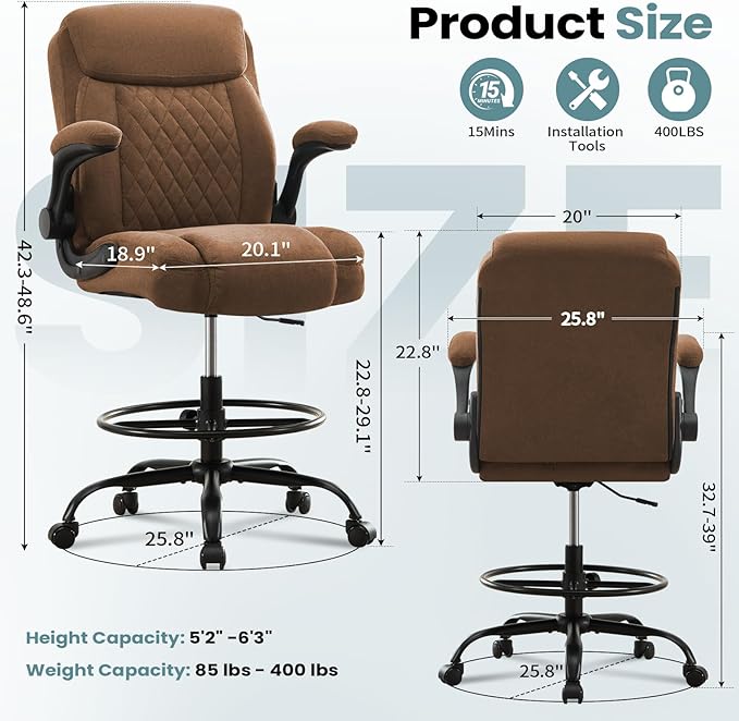 Drafting Chair for Standing Desk – Tall Office Chair with Adjustable Height & Foot Ring, Flip-Up Arms, Lumbar Support – Comfortable Fabric Seat, Ideal Home Desk Chair