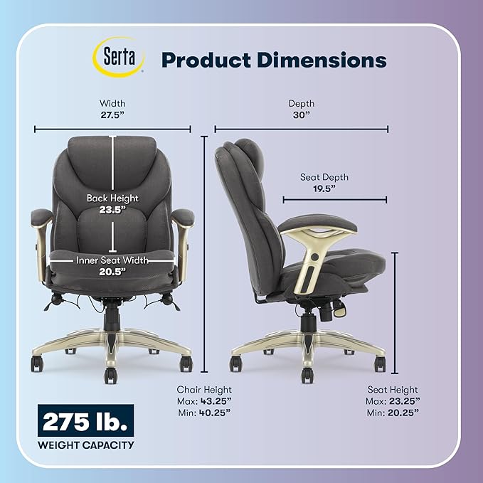 Serta Claremont Ergonomic Executive Office Chair with Back in Motion Technology, Adjustable Mid Back Desk Chair with Lumbar Support, Fabric, Dark Gray