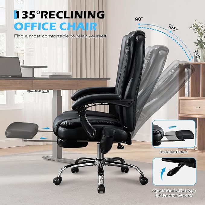 Massage Office Chair with Foot Rest,6 Points Vibration and Heat Ergonomic Executive Desk Chair for Heavy People,500lbs Big and Tall Office Chairs with Reclining High Back for Home Office