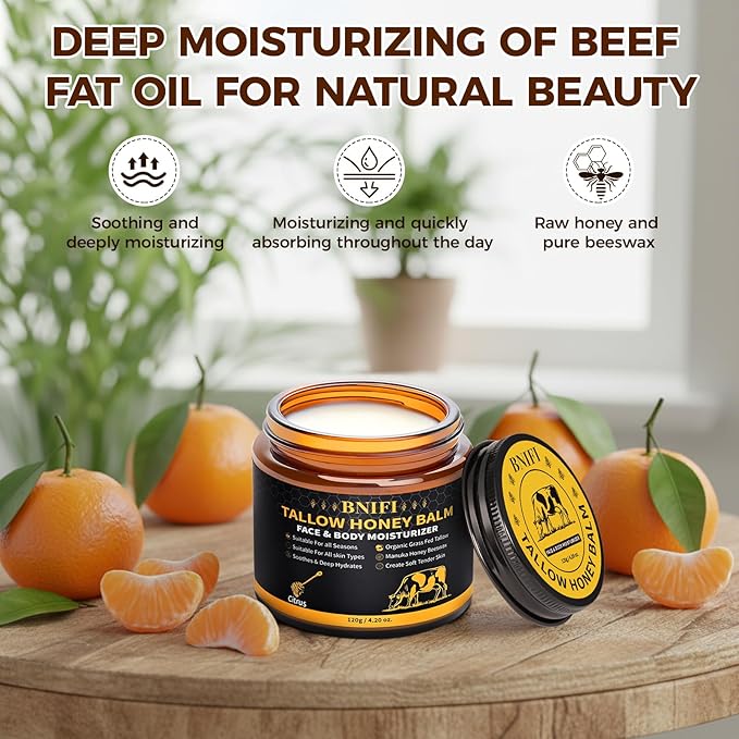 Tallow and Honey Balm for Face Beef Tallow for Skin Organic Grass-Fed Beef Tallow Balm for Face Body Moisturizer (Citrus)