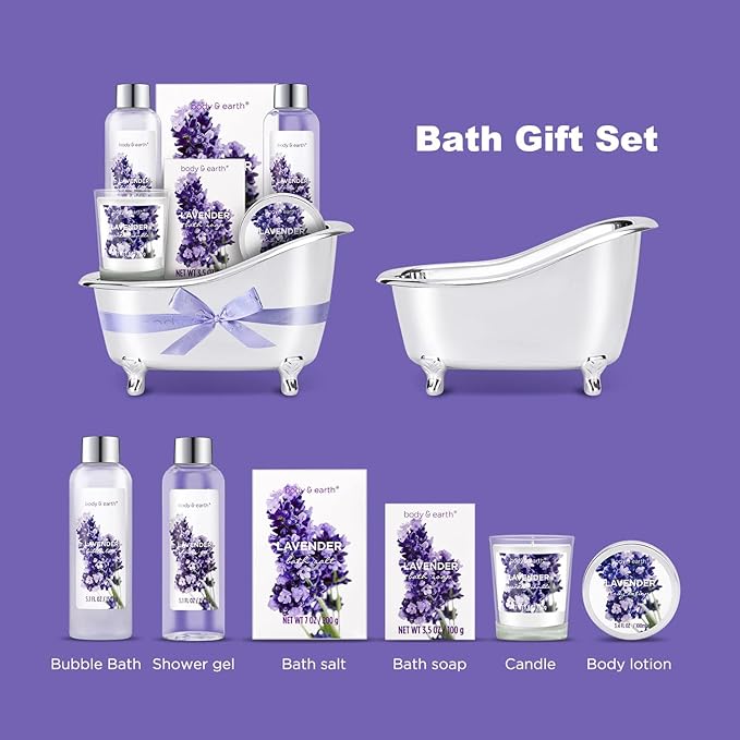 Gift Set for Women Body & Earth Gifts Set Lavender Gift Baskets For Women Bath Sets with Bubble Bath Body Lotion Scented Candle Mother‘s Day Gifts for mom