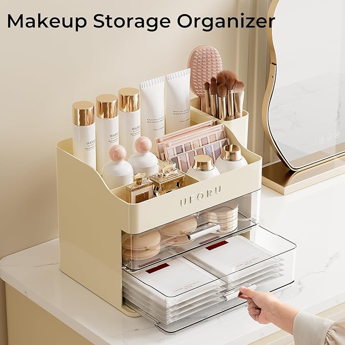Makeup Organizer for Vanity with Brush Holder, Countertop Skincare Organizer with 2 Drawers, Spacious Cosmetic Display Case for Perfumes, Eyeshadow Palettes, Nail Polishes