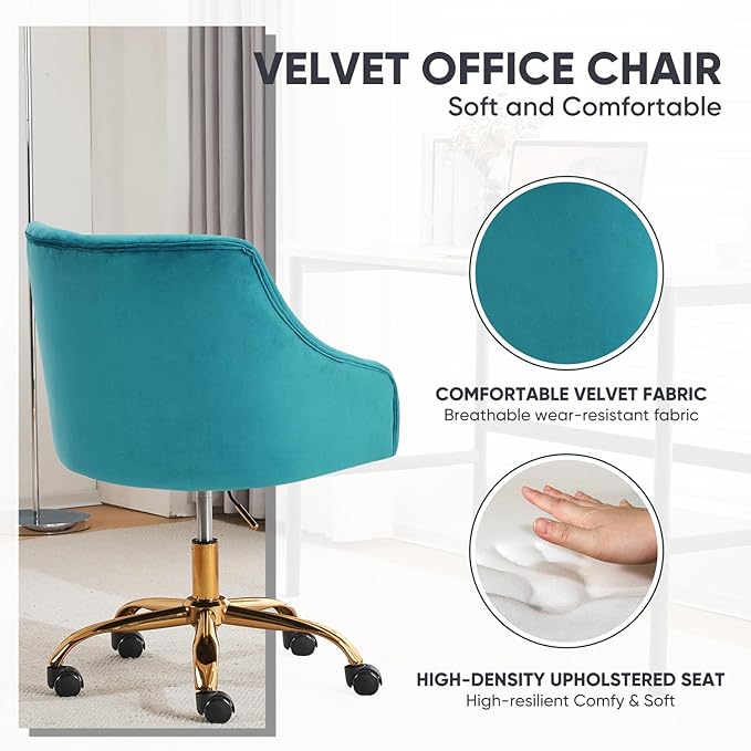 MOJAY Velvet Office Swivel Chair, Vanity Fabric Desk Pretty Fancy Gold Office Chairs for Girls, 360°Swivel Height Adjustable Reception Chair (Lake Blue)