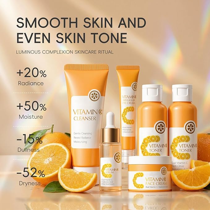 6-Piece Hydrating Skincare Set with Vitamin C & Niacinamide, Full Size Daily Face Care Kit for All Skin Types Includes Toner, Serum, Cleanser, Face Cream, Gift Box for Women and Girls