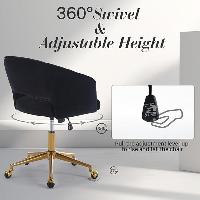 Home Office Swivel Desk Chair, Modern Velvet Vanity Chair, Height Adjustable Armchair with Gold Base, Ergonomic Office Chair for Task Study Computer Room, Black