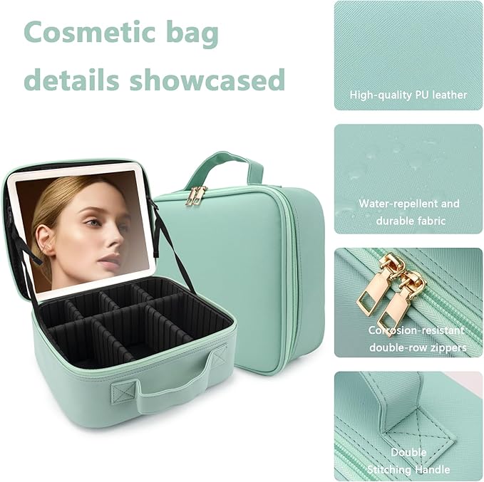 Makeup Bag with Led Mirror,Large Vanity Makeup Cases with 3 Color Setting,Portable Storage and Adjustable Dividers,for Women and Makeup Artists Cosmetic Organizer Travel Makeup Bag-Light Green