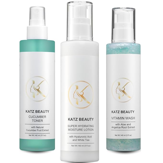 Katz Beauty Quick Morning Glow Trio: Vitamin Wash, Cucumber Toner & Super Hydrating Lotion for Busy Women’s Radiant Skin