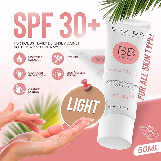 Sheida BB Cream with SPF 30+, Hydrating Daily Tinted Day Cream, Natural Finish, Buildable Light Coverage, 24h Moisture, Vitamin C & E for Even Skin Tone and Radiant Look – 50 ml (Light)