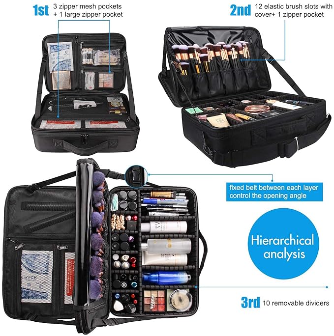MONSTINA Large Makeup Case, 3 Layers Makeup Bag Cosmetic Organizer Brush Bag Barber Train Case Makeup Artist Box for Hair Curler Hair Straightener Brush Set and Cosmetics