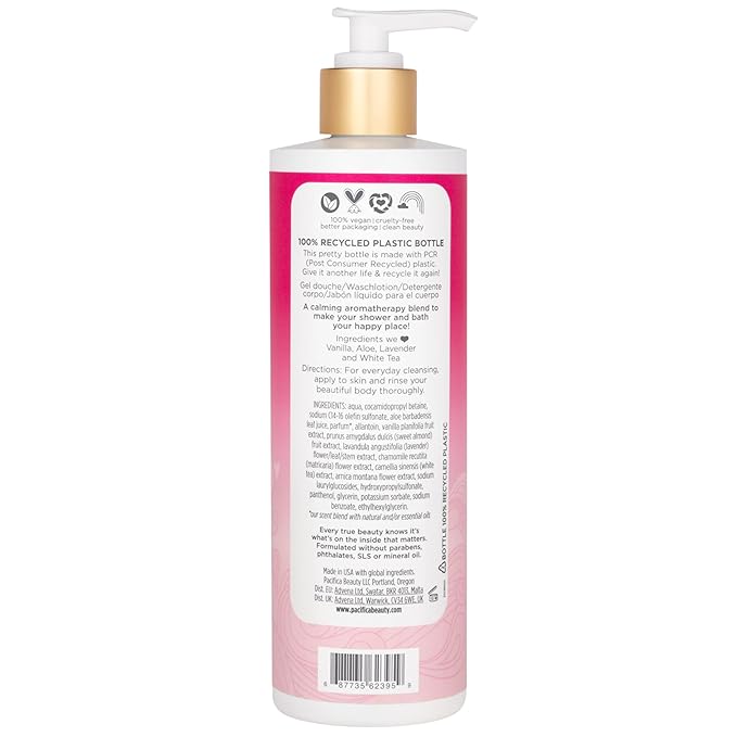 Pacifica Island Vanilla Body Wash Aloe + Hyaluronic Acid,Daily Cleansing,Bath&Shower Gel,Essential Oils,Clean,Vegan + Cruelty&Paraben Free,Clean Beauty Vegan Dermatologist Tested,12 Fl Oz,(Pack of 2)