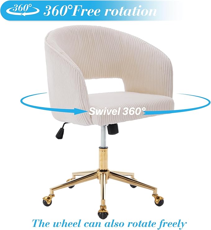 Home Office Chair Swivel Corduroy Fabric Desk Chair Accent Armchair Upholstered Modern Tufted Chairs with Gold Base for Girls Women Ergonomic Study Seat Computer Task Stools for Living Room(Beige)
